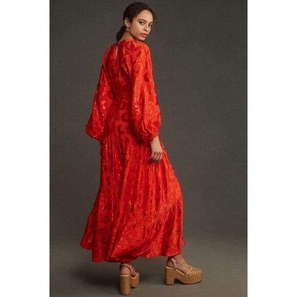 NWT Farm Rio Long-Sleeve V-Neck Jacquard Maxi Dress NEW Size Large Satin - Picture 2 of 8